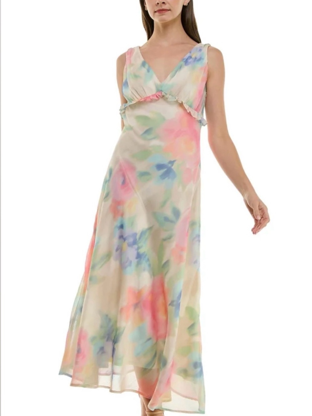Taylor Pastel Multi Floral V-Neck Sleeveless Midi Dress
